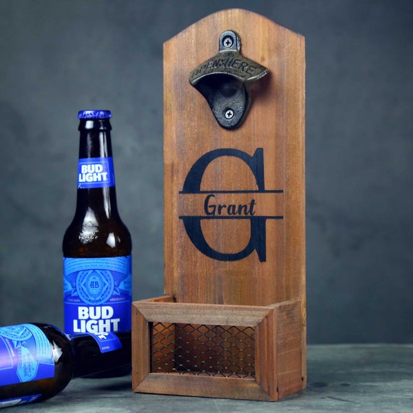 Personalized Beer Opener, Custom Wall mounted beer bottle opener with cap catch, Natural Wood, Gift for him