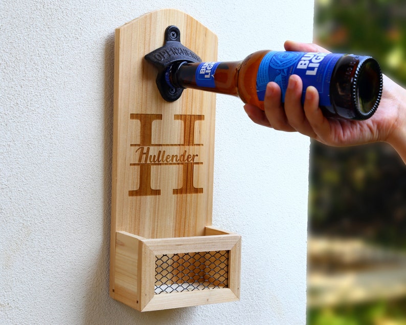 Personalized Groomsmen Gifts, Best Man Gift, Men's Wedding Gift ideas, Proposal, Wood Bottle Opener, Wall Mounted Beer Opener, White image 1