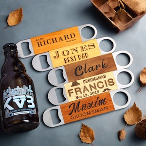Personalized Beer Bottle Opener, Wood Handle Bar Blade, Bulk Discount, Company Logo Business Gift for Boss&Employee, Mens Christmas Gift