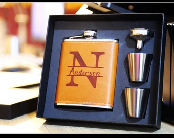 Personalisierte Lederflasche: Initial Whisky Flachmann, Geschenkset