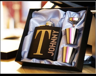 Vatertagsflaschen, personalisierter schwarzer Flachmann, Schnapsgläser mit schwarzem Papierbox-Set verfügbar, Geschenk für Männer, ihn, Chef, Freund, Vater