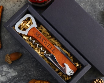 Personalized Groomsmen Gifts, Customized Red Wine Corkscrew Opener, Engraved Beer Bottle Opener With Wood Handle, Men&#39;s Gift