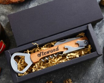 Personalized Groomsmen Gifts, Best Man Gift, Custom Engraved Corkscrew Opener, Beer Bottle Opener, Red Wine Opener With Wood Handle