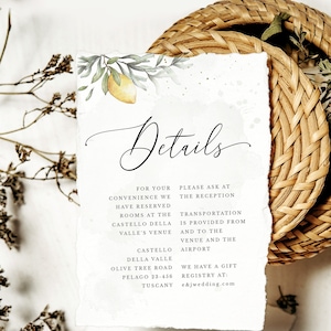 Plantilla de tarjeta de detalles de boda de limón, acuarela imprimible rústica dibujada a mano oliva y limón, boda italiana, descarga instantánea editable LENA