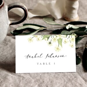 Plantilla de tarjeta de lugar de mesa de boda floral, etiqueta de nombre imprimible de vegetación de acuarela, tarjeta de lugar plegable de tienda, editable, descarga instantánea - ELA
