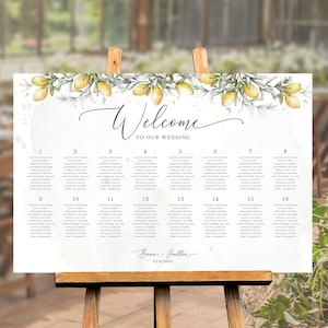 Modello di tabella dei posti a sedere per matrimoni, cartello di benvenuto per matrimonio, cartello modificabile per matrimonio al limone, cartello di distribuzione degli ospiti stampabile, download immediato LENA