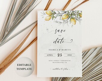 Lemon Wedding Save the Date Template: Italian Theme 4x6, LIV (Editable, Instant Download)
