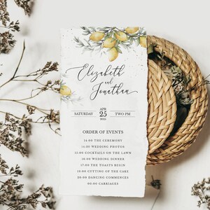 Lemon printable wedding day program template, editable order of events, instant download, double sided watercolor lemon & olive branch LENA
