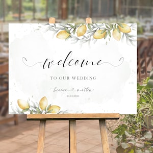 Modello di cartello di benvenuto per matrimonio al limone, poster di benvenuto stampabile con ulivo, cartello per matrimonio modificabile, matrimonio rustico italiano, download immediato - LIV