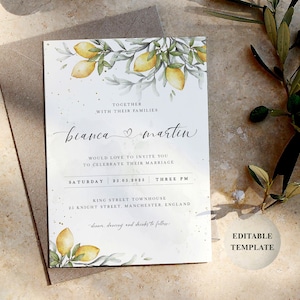 Lemon wedding invitation template, olive wedding invitation, printable botanical invitation, Italian wedding, rustic wedding, 5x7 - LIV