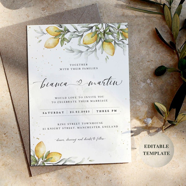 Lemon wedding invitation template, olive wedding invitation, printable botanical invitation, Italian wedding, rustic wedding, 5x7 - LIV