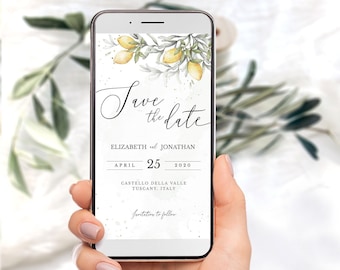 Citroen bewaar de datumsjabloon, elektronische citroenhuwelijksevite, online digitale sjabloon, moderne en eenvoudige bruiloft, directe download LENA