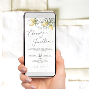 Elektronische Hochzeitseinladung mit Zitrone, Hochzeitseinladung mit Oliven, digitale Online-Vorlage, moderne und einfache Hochzeit, sofortiger Download LENA
