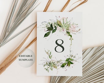 Table number template, printable wedding table sign, greenery wedding table numbers, watercolor eucalyptus leaves, instant download ADA