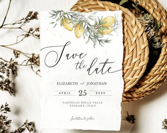 Lemon wedding save the date template, editable save the date, two sizes, watercolor boho rustic greenery Italian wedding, instant LENA