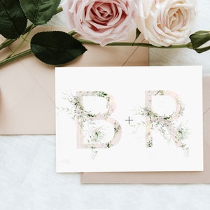 Modelo de convite de casamento com folhagens e blush, convite de casamento com letras iniciais, convite de alfabeto, editável, para impressão, arquivo instantâneo, NEL