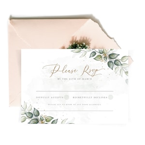 Afdrukbare RSVP-sjabloon voor bruiloften, antwoordkaart met aquarelgroen en gouden krans, bewerkbaar, download en print direct - AVA