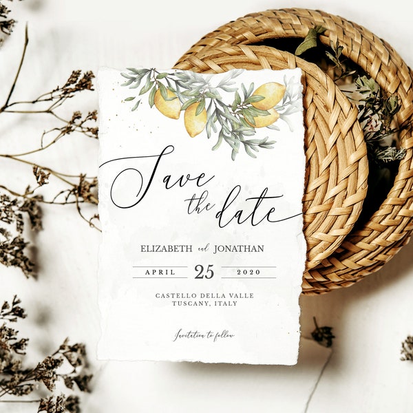 Lemon wedding save the date template, editable save the date, two sizes, watercolor boho rustic greenery Italian wedding, instant LENA