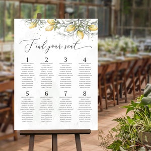 Lemon printable wedding seating chart template, guest distribution sign, editable, instant download, watercolor lemon & olive branch - LENA