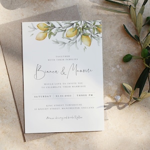 Lemon wedding invitation template, olive wedding invitation, printable botanical invitation, Italian wedding, rustic wedding, 5x7 - LANA