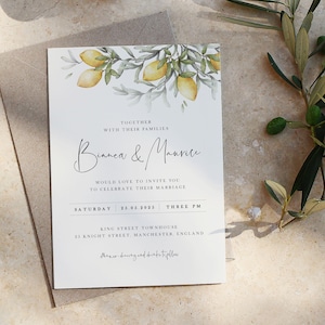 Zitrone Hochzeitseinladung Vorlage, Olive Hochzeitseinladung, bearbeitbares & druckbares Zitronen Einladung, Italienische Hochzeit, rustikale Hochzeit 5x7 LANA