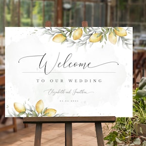 Lemon Printable Wedding Welcome Sign Poster Board Table, Watercolor Boho Rustic Greenery Hand Drawn, Editable, Instant Download - LENA