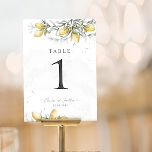 Zitrone Hochzeit Tischnummer Zeichen, druckbare benutzerdefinierte Tischnummer, Aquarell rustikale grün handgezeichnete Grafik, bearbeitbar, sofortiger Download LENA