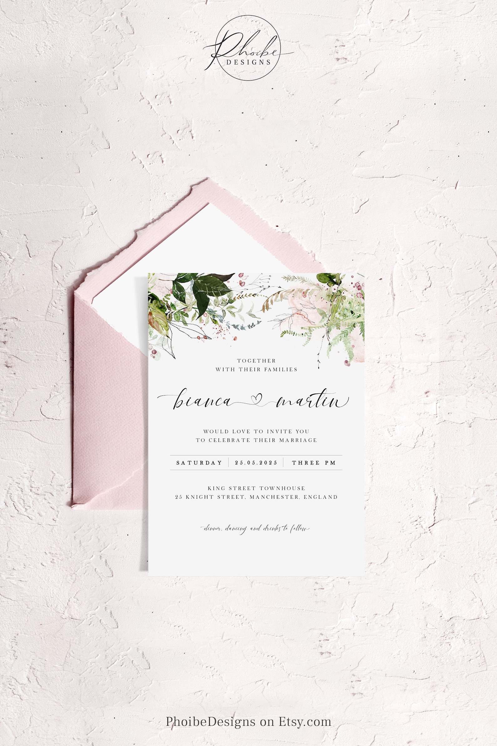 Greenery Wedding Invitation Template, Printable Botanical Wedding ...