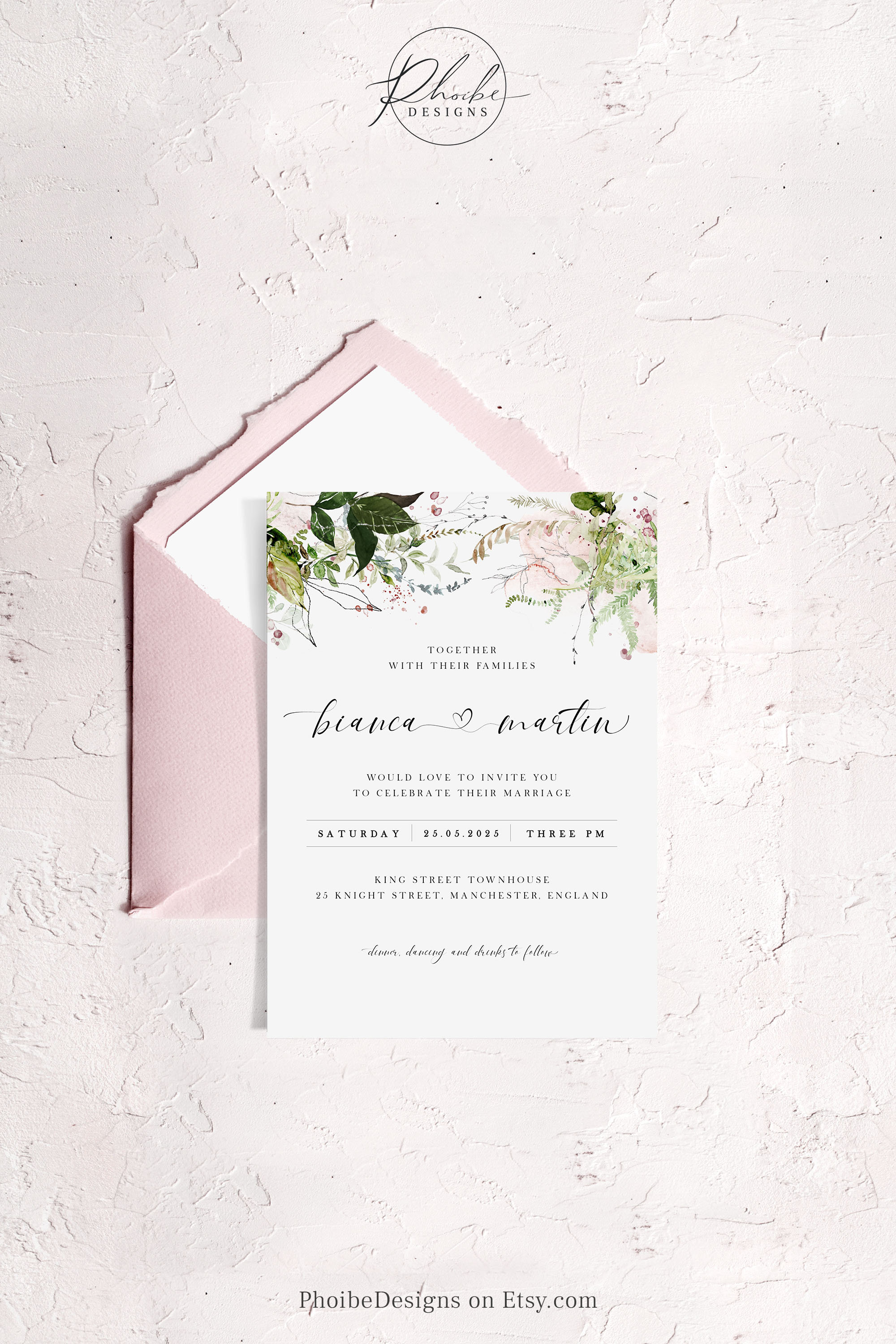 Greenery Wedding Invitation Template, Printable Botanical Wedding ...