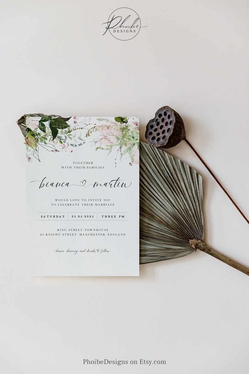 Greenery Wedding Invitation Template, Printable Botanical Wedding ...