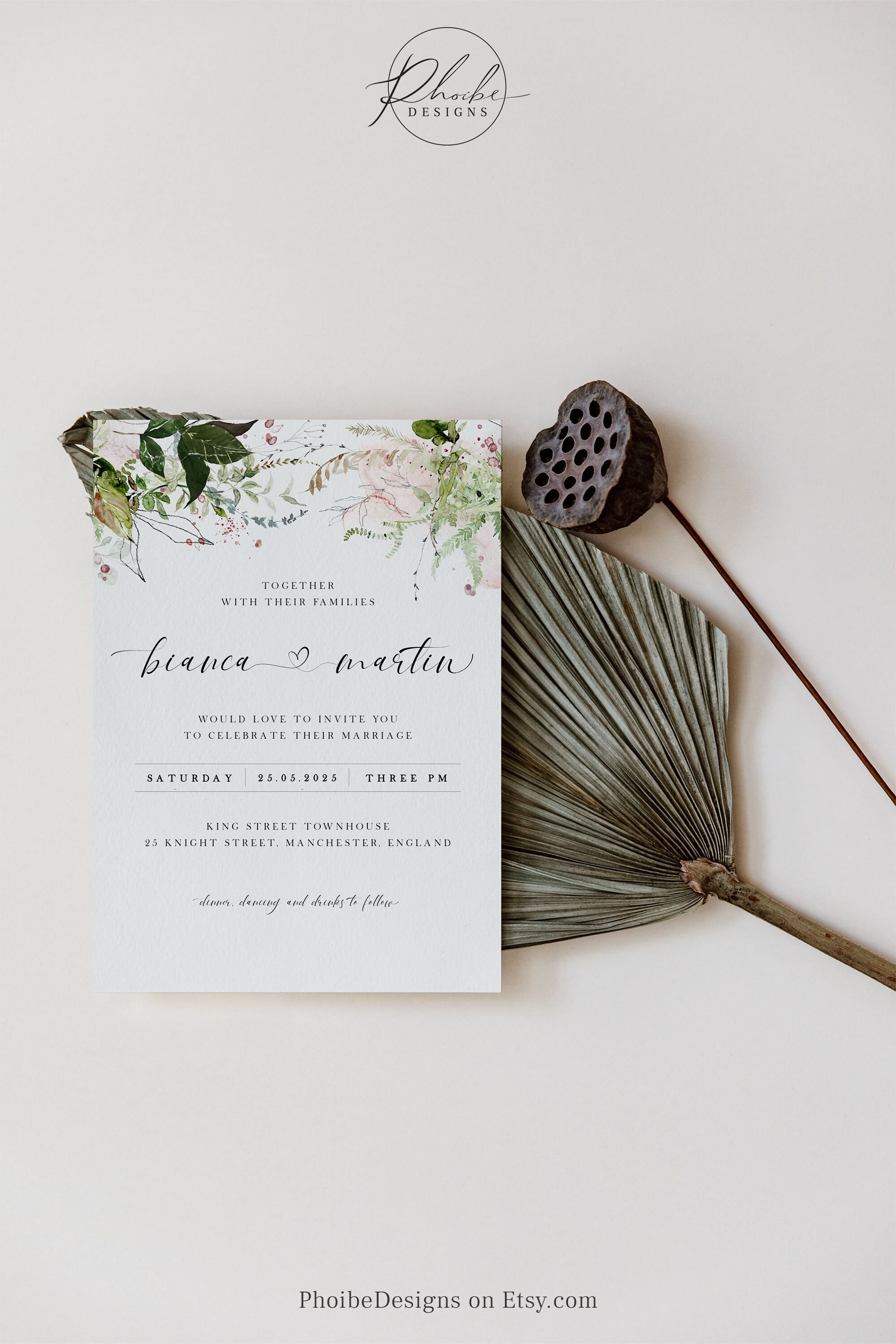 Greenery Wedding Invitation Template, Printable Botanical Wedding ...