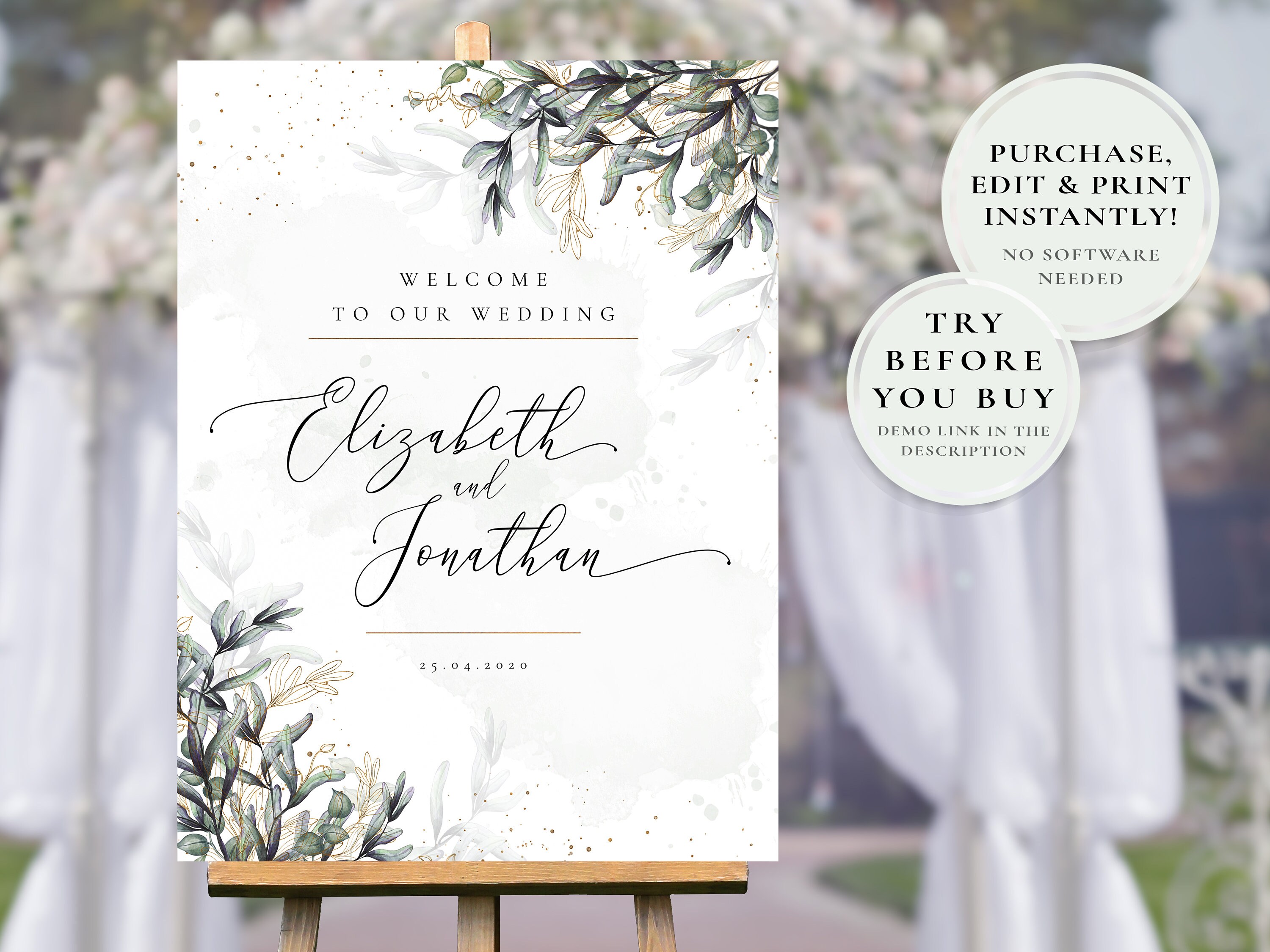 Printable Wedding Sign Poster Board Table, Watercolor Boho