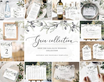 Olive wedding invitation template, greenery wedding invitation suite, printable wedding bundle, Italian wedding package - GAIA