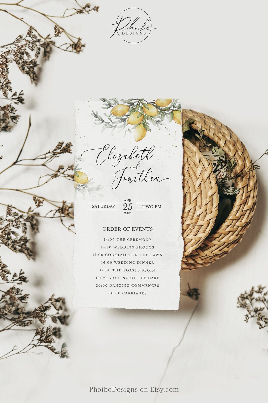 Watercolor Lemon Wedding Program Template: Editable Order of Events ...