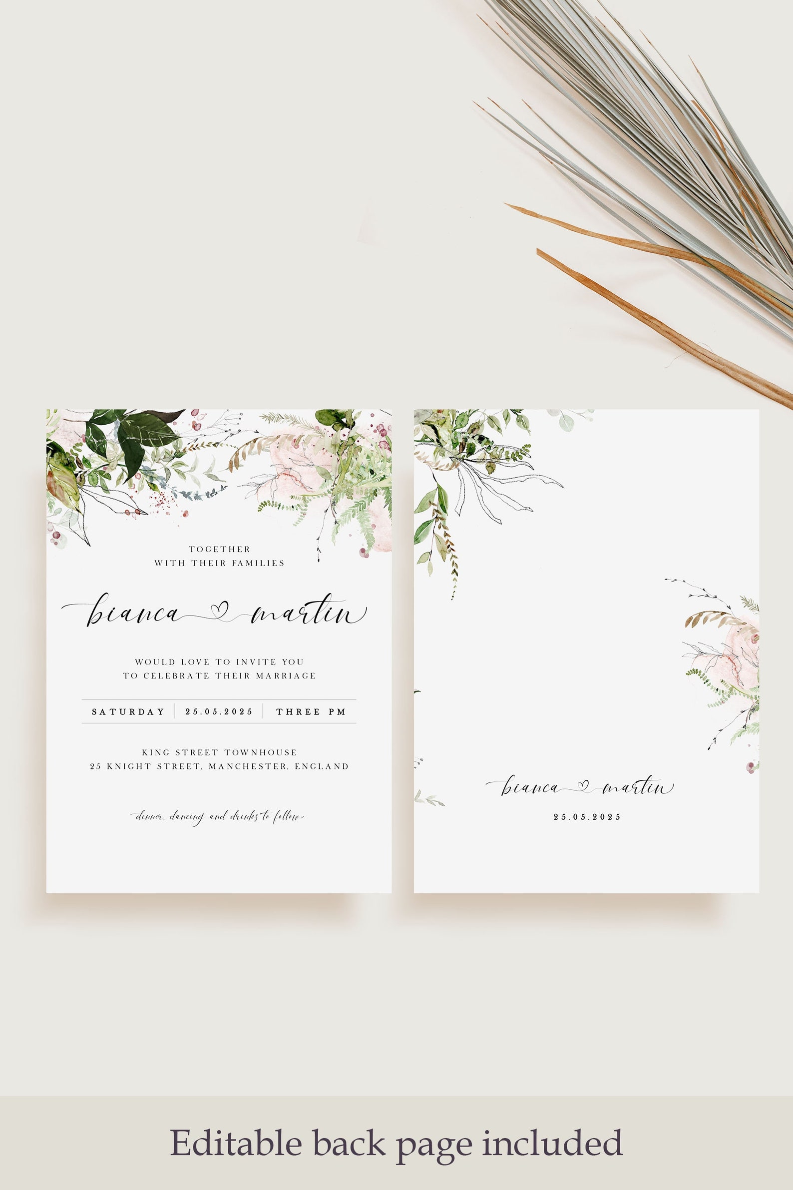 Greenery Wedding Invitation Template, Printable Botanical Wedding ...