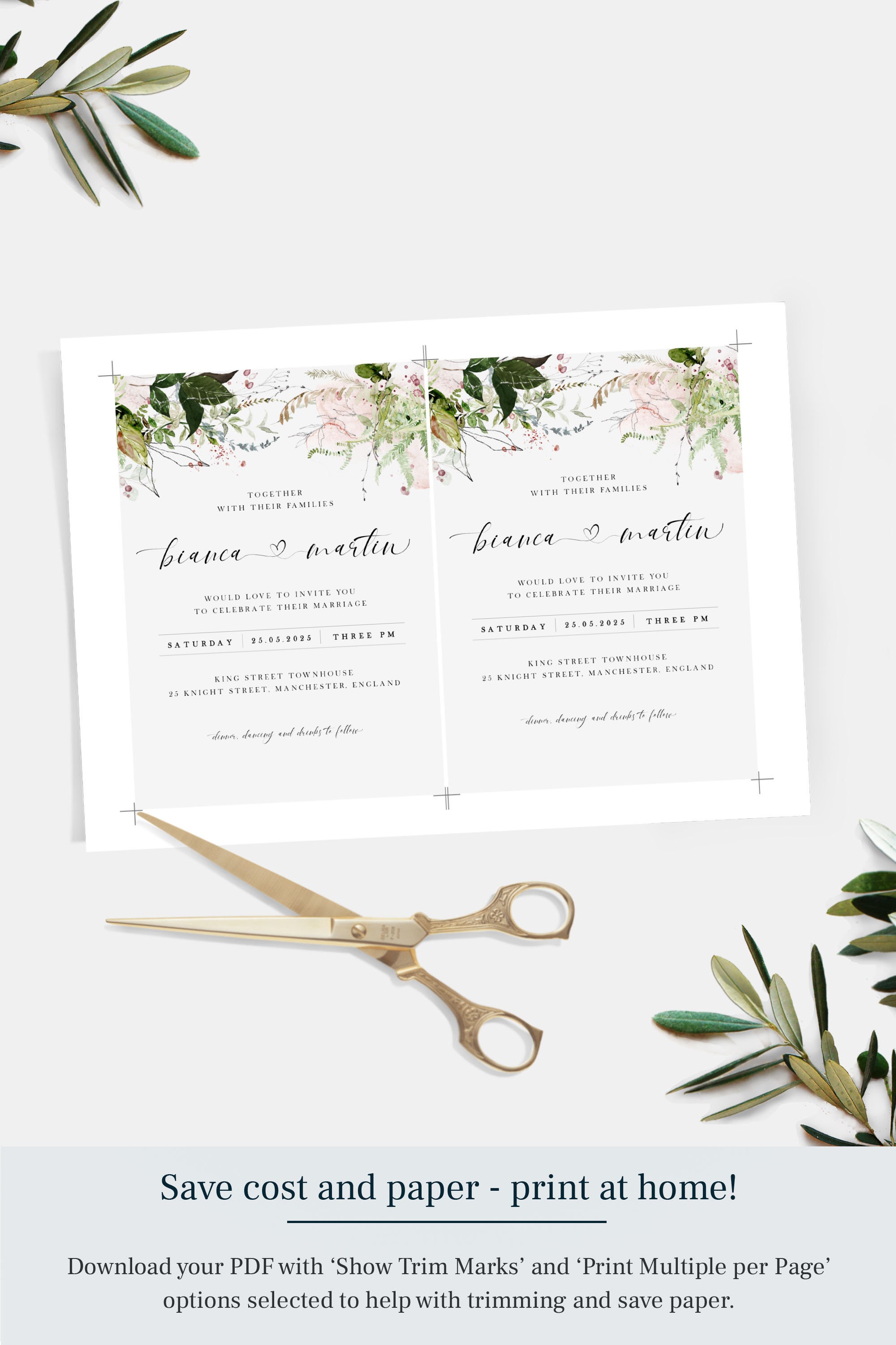 Greenery Wedding Invitation Template, Printable Botanical Wedding ...