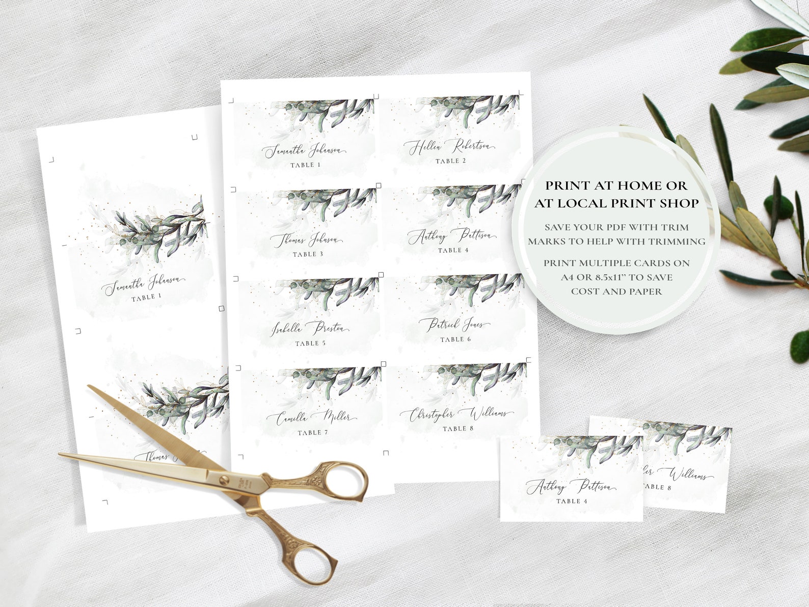 Printable Wedding Table Name Tag Template, Watercolour Boho Rustic Greenery & Gold Hand Drawn