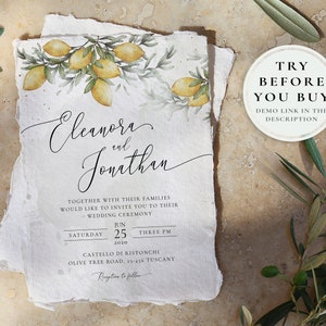 Modèle d'invitation de mariage imprimable citron, carte RSVP, branche d'olivier dessinée à la main de verdure rustique Boho aquarelle, modifiable, téléchargement immédiat