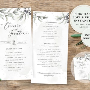 Puede incluir: Un conjunto de invitaciones de boda con un diseño de acuarela de ramas de olivo. La invitación incluye los nombres "Eleanora & Jonathan", la fecha "25 de junio de 2020" y la hora "15:00". El orden de los eventos está listado, incluyendo la ceremonia, las fotos de boda, los cócteles en el césped, la cena de boda, los brindis, el corte del pastel, el baile y los carruajes. La invitación también incluye una lista de la fiesta de bodas con los nombres del oficiante, la madre de la novia, el padre de la novia, la dama de honor, las damas de honor, la niña de las flores, la madre del novio, el padre del novio, el padrino, los padrinos y el portador del anillo.