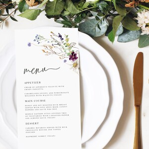 Plantilla de tarjeta de menú floral de 4 x 8 pulgadas, menú rústico de flores silvestres, tarjeta de menú de boda en granero de verano, menú de restaurante editable, descarga instantánea - EVA