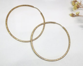 Large Hand Hammered Gold Hoop Earrings • 18K Gold Plated Earrings •  Oversized Lightweight Hoop Earrings • 6 CM