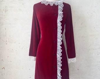 Vintage 60’s Jenue Leique Red Velvet Lace Long Sleeve Shift Dress