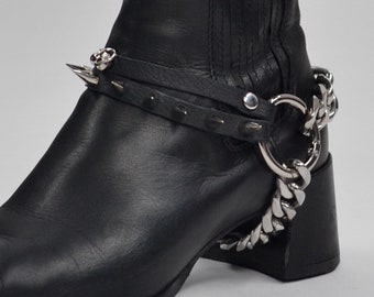 Handmade Leather and Stainless Steel Boot Harnesses - Punk Gothic Chunky Chain Double Strap Spiked Studded Boot Straps - Unisex