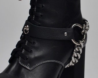 Handmade Leather and Stainless Steel Boot Harnesses - Punk Gothic Chunky Chain O Ring Studded Boot Straps - Unisex