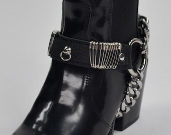 Handmade Leather and Stainless Steel Boot Harnesses - Punk Gothic Chunky Chain Safety Pins Studded Boot Straps - Unisex