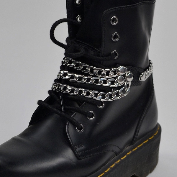 Handmade Leather and Stainless Steel Boot Harnesses - Punk Gothic Triple Chain Studded Boot Straps - Unisex adjustable