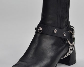 Handmade Leather and Stainless Steel Boot Harnesses - Punk Gothic Chunky Chain Screw Studs Boot Straps - Unisex