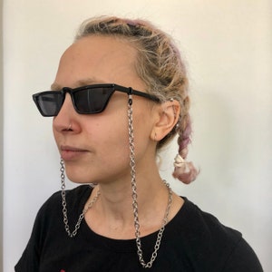 Handmade Stainless Steel Oval Chain Sunglass Chain Strap Adjustable to All Glasses - Black or Clear Rubber