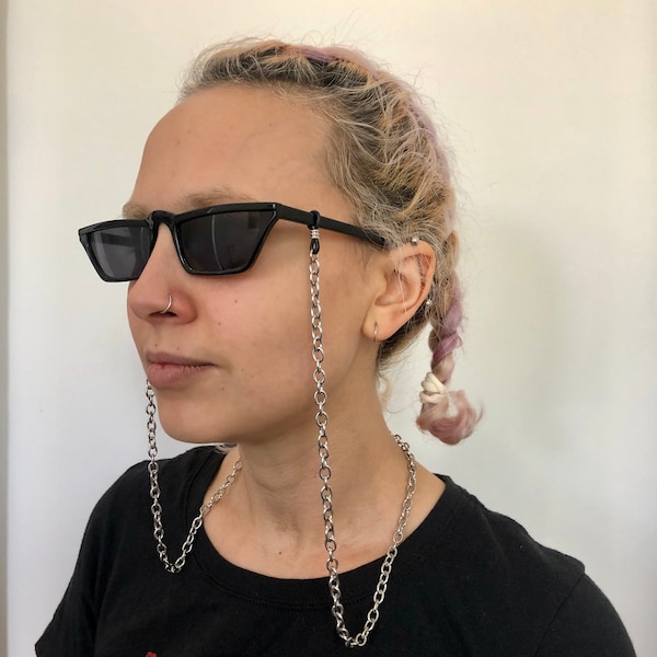 Handmade Stainless Steel Oval Chain Sunglass Chain Strap Adjustable to All Glasses - Black or Clear Rubber