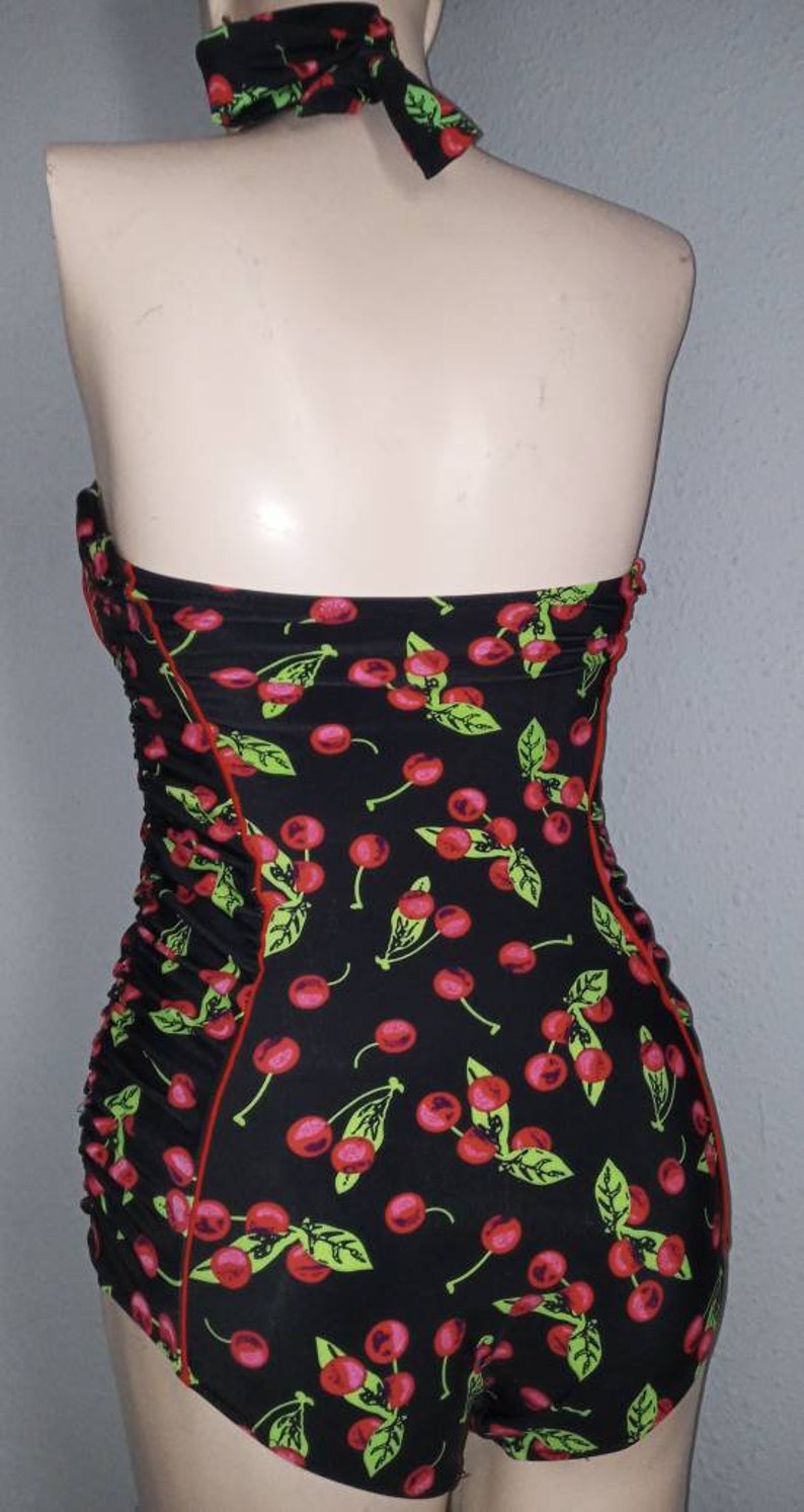 Pinup cherry bathing suit swimwear vintage inspired high top Waist 26 beach wear Bust 32 female dots rockabilly Size XS ba\u00f1ador